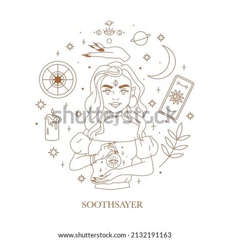 Round composition line art with soothsayer, astrologist or fortune teller. Gold elements tarot cards, celestial objects, wheel of fortune. Beautyful woman with crystal ball. Vector illustration