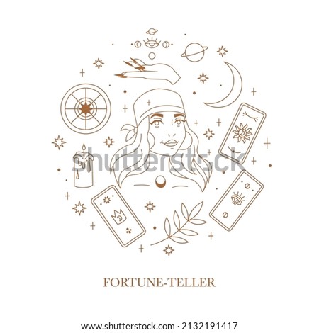 Round composition line art with soothsayer, astrologist or fortune teller. Gold elements tarot cards, celestial objects, candle, wheel of fortune and plant. Beautyful woman's face. Vector illustration