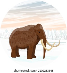 Composición redonda. Mammoth camina a lo largo del valle del hielo. Animales prehistóricos. Era Hielo. Animales extintos de Siberia, Eurasia y Norteamérica. Paisaje de vectores realistas