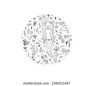 Round composition of mermaid and sea set in doodle style. Circle concept of sketch underwater elements. Vector illustration.