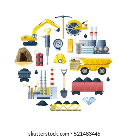 Round composition with mining industry isolated icons and decorative symbols of tools and technics flat vector illustration