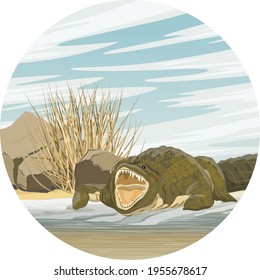 Round composition. Nile crocodile Crocodylus niloticus stands with open mouth near the river. Realistic vector landscape