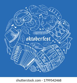 Round composition with oktoberfest objects. Food, beer mug and barrel, music instruments. Hand drawn outline vector sketch illustration