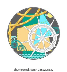 Round composition on the marine theme. Stylized helm wheel, waves, ropes, sun, seagulls. Icon, symbol, emblem, sign. Vector illustration