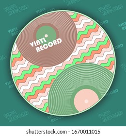Round composition on a plain background with inscriptions - vinyl record. Collage, applique, design. Vector illustration