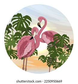 Round composition. Pair of red flamingos on the seashore with tropical plants. Wild birds of South America, Galapagos and Caribbean islands. Realistic vector landscape