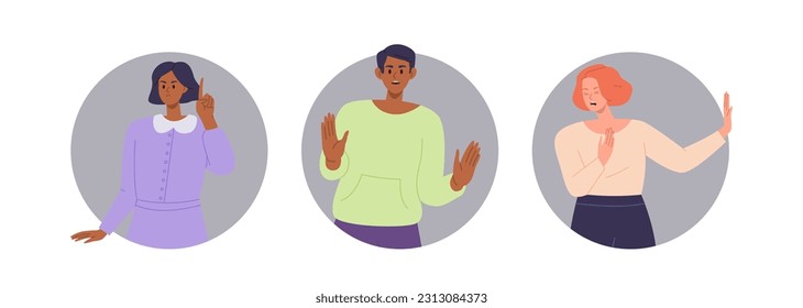 Round composition of people feeling negative emotion trying to protect their rights and opinion