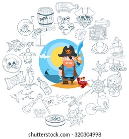 Round composition pirate theme, pirate history, adventure, outline drawing, contour icons