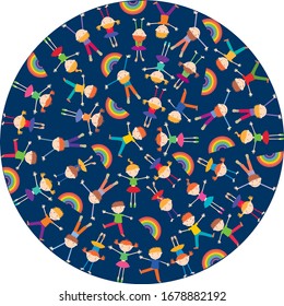 Round composition from playful funny kids and colorful rainbows