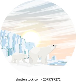 Round composition with a polar bear and a cub in a northern landscape with snow and a glacier. Realistic vector landscape