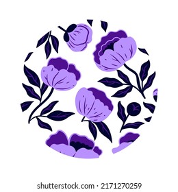 Round composition with purple flowers isolated on white background. Vector graphics.