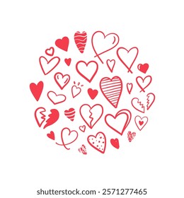 Round composition of red doodle hearts on white background