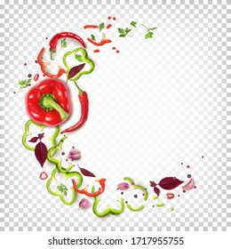 Round composition of red and green bell peppers, chili peppers, garlic, basil, parsley, spices. Top view. Vector 3d illustration isolated on white transparent background.