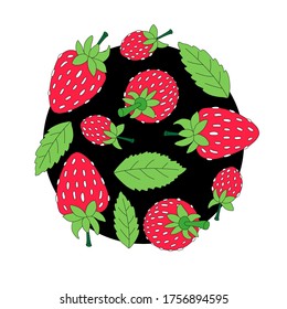 Composición redonda de fresas rojas sobre un fondo negro.