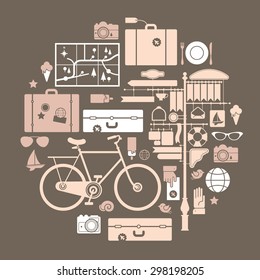 Round composition with retro travel symbols.