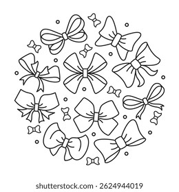 Composição redonda de arcos de fita de diferentes formas. Ilustração vetorial em estilo linear sobre fundo branco