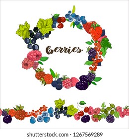 Round composition of ripe berries, raspberries and blackberries and a horizontal seamless border with berries isolated on a white background. Design for packaging, cards, banner. Hand drawing. Vector