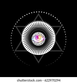 Round composition of sacred Tattoo in the form of an eye on a background of stylized sun and stars. Decorative design element.  T-shirt printing, cover.  Sacred sign, unique tattoo, vector, element.