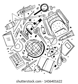 Round composition with school items. Hand drawn outline doodle sketch vector illustration. Black on white background
