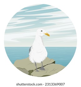 Round composition. Sea gull stands on a stone against the background of the sea. realistic vector landscape