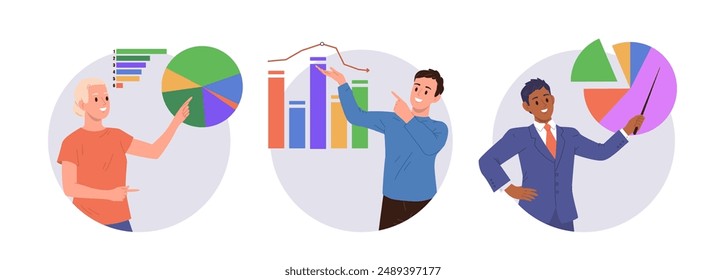 Conjunto de composición redonda con personajes de dibujos animados de negocios que realizan una estrategia de referencia para el crecimiento