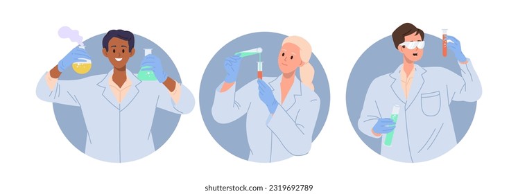 Round composition set with cartoon laboratory researcher, chemistry scientist character at work