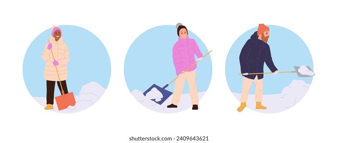 Round composition set with happy people cartoon character cleaning street from snow using shovel