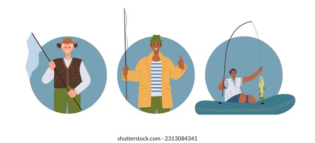Composición redonda de pescadores satisfechos con gusto capturando peces utilizando diferentes accesorios