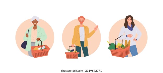 Round composition set with happy shoppers characters carrying groceries food products in basket