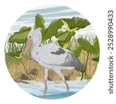 Round composition. Shoebill walks on water. Lake with tropical plants on the shore. Wildlife of Africa. Realistic vector landscape