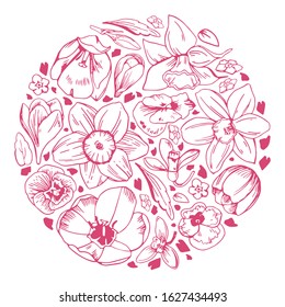 Round composition with spring flowers. Tulips and narcissuses. Hand drawn outline vector sketch illustration
