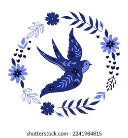 Round composition with a swallow and flowers in blue tones isolated on a white background.