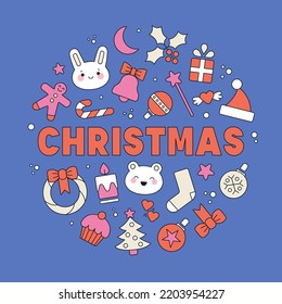 Round composition with text and Christmas symbols. Cute Kawaii style in nice colors. New Year and Christmas concept.Vector illustration isolated on blue background. Greeting, poster, card design.