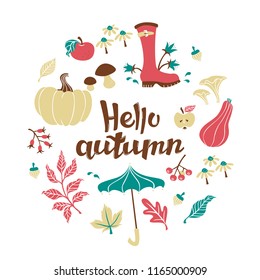 Round Composition with Text Hello Autumn and Hand Drawn Elements. Fall Background with Leaves.