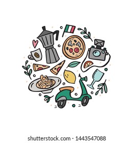 Round composition with traditional symbols of Italy. Scooter, espresso, pasta, flag, pizza. Vector design for t-shirts, posters, cards