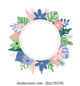 A round composition of tropical plants and flowers for unusual and stylish wedding invitations, postcards, banners, photo albums and much more. Round floral frame in pastel colors.