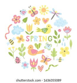 Round composition with vector illustrations of spring flowers, insects and birds with word "Spring" in the center