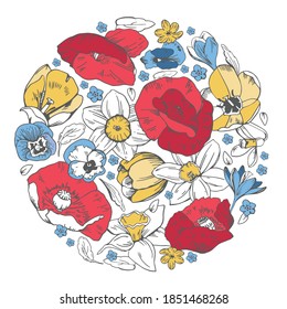 Round composition with wild flowers. Poppies, tulips, narcissuses, pansies. Hand drawn vector sketch illustration on white background