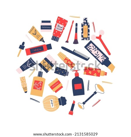 Round composition with woman cosmetics. Set of different beauty and wellness products. Vector flat illustration with care accessories