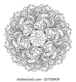 Round composition wreath in doodle style. Floral, ornate, decorative, tribal, Christmas design elements. Black and white background. Christmas tree, candy, bow. Zentangle coloring book page