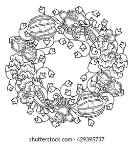 Round composition wreath in doodle style. Floral, ornate, decorative, tribal, Nature forest garden design elements. Black and white background. Flowers, seedpods. Zentangle coloring book page