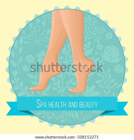 Round composition with young female legs on tiptoe in decorative circle with editable text ribbon vector illustration