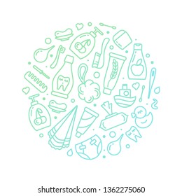 Round concept with  baby hygiene accessories. Linear style vector illustration
