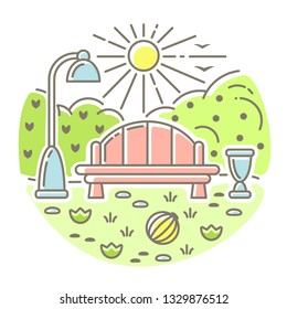 Round concept with bench, lamp and nature elements. Cartoon style vector illustration