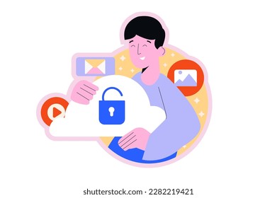 Round concept Cloud service with people scene in the flat cartoon design. Man works with data from cloud storage. Vector illustration.