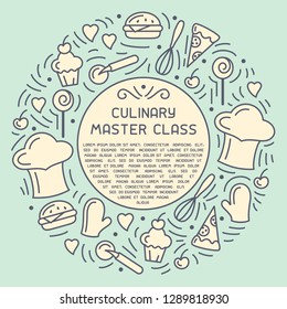 Round concept of culinary master class with doodle style elements and sample text. Suitable for advertising, invitation, banner or card