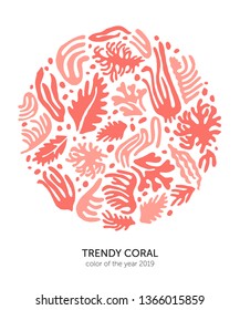 Round concept featuring hand made cutout corals, leaves and seaweed. Vector illustration for print, poster, t-shirt, card, lable etc.