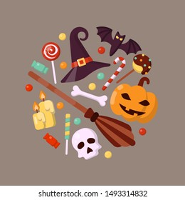 round concept with halloween accessories. flat style vector illustration