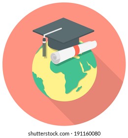 Round concept of international education with a globe and a graduation cap