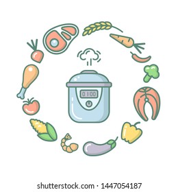 Round concept with multicooker and different food. Cartoon style vector illustration